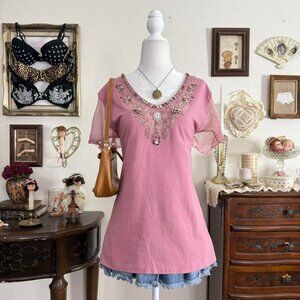 boho whimsical fairy pink blouse w beaded detail and sheer sleeves